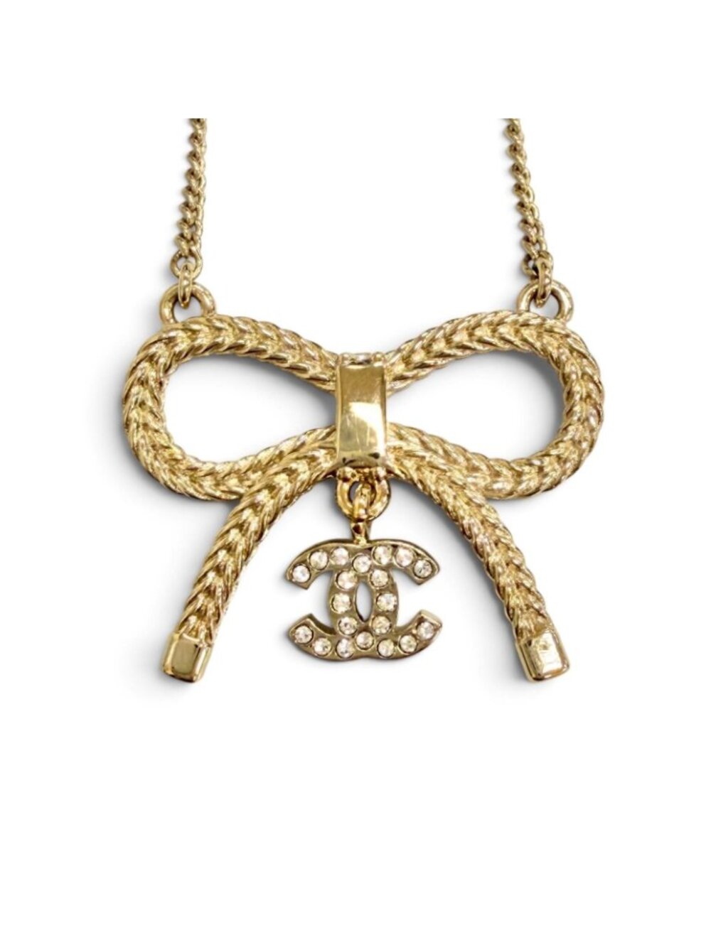 Chanel CC Logo Rhinestone Ribbon Necklace Gold - Picture 6 of 10